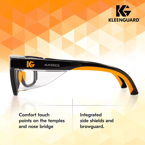 Maverick Eye Protection Glasses With Clear Anti Glare Lenses, Black Frame And Orange Tips, side view showing comfort points, 1 pair.