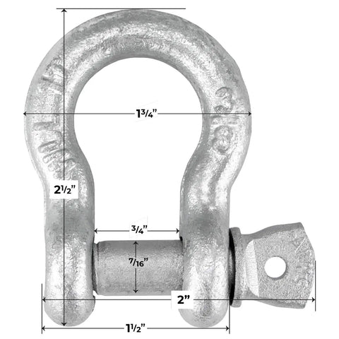 Shackles With Screw Pins Grade 43 3/8 Inch 10 Pack 4,000 Pound Safe Working Load Heavy Duty Link with dimensions shown