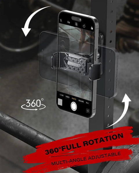 Magnetic Gym Phone Holder With Alloy Base And Joint, 360 Degree Adjustable, strong 22 lb grip, fits 4.7 to 6.5 inch phones installed on gym equipment