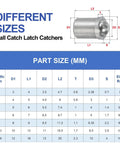 Top Shelf 304 Stainless Steel Ball Plunger Set Heavy Duty Cabinet Catch And Drawer Latch For Quiet Doors size chart with dimensions.