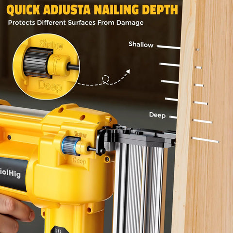 Workhorse Cordless Brad Nailer 18 Gauge depth adjustment feature showing shallow and deep settings for precise nailing