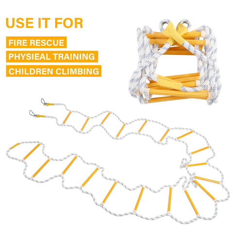 Emergency Fire Escape Rope Ladder 25 Feet With Flame Resistant Safety Extension Rope And 2 Hooks Portable Window Escape Ladder For 2 To 6 Story Homes Reusable Durable Weatherproof Survival Gear For Kids shown coiled and extended with safety hooks.