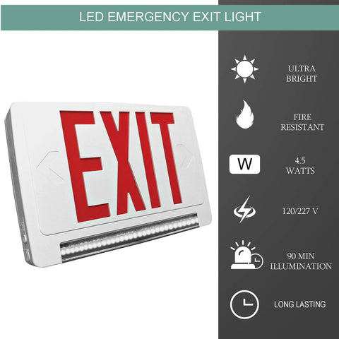2 Pack Ultra Bright Energy Efficient Lighted Exit Signs With Battery Backup For Indoor Use LED Emergency Exit Sign Battery Powered Exit Sign For Commercial Spaces LED Adjustable Light Pipe Chevron. View of front red EXIT text and side view. Includes features like ultra-bright, fire resistant, and energy specifications.