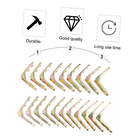 Heavy Duty Corner Braces 20 Piece Set Thickened Steel Right Angle Brackets Featuring Concealed Mounting Holes in gold finish.
