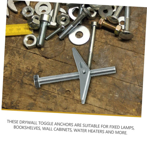 Heavy Duty Toggle Bolts Drywall Anchors 12 Pack Galvanized Wall Fixings on wooden surface with surrounding hardware.