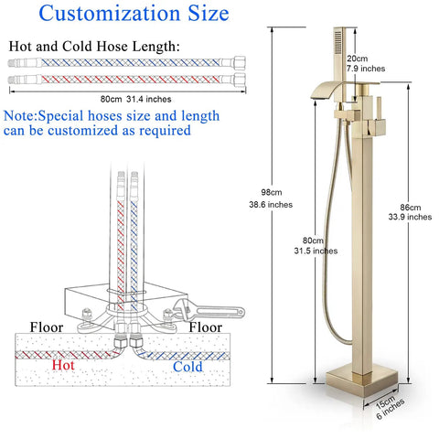 Diagram of Gold Polished Floor Mounted Tub Filler Faucet with Handheld Sprayer showing measurements and hose customization options.