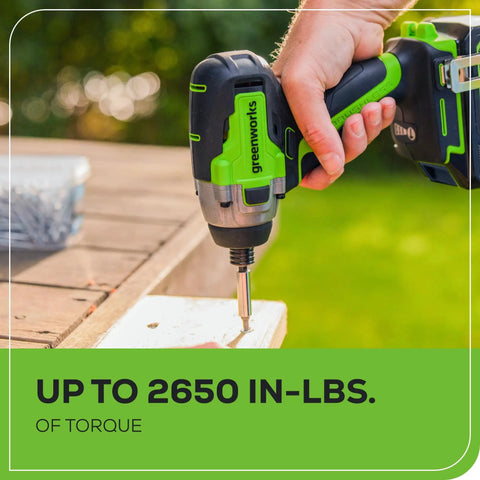 Person using 24V Brushless Cordless Impact Driver Kit With 2650 Inch Pounds Torque, Quarter Inch Hex outdoors on wooden board