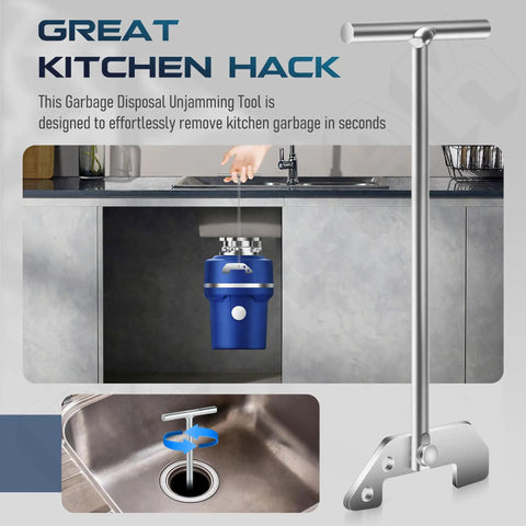 Garbage Disposal Unjamming Wrench Tool Universal Compatibility With Moen InSinkErator And Waste King Disposals Above The Sink Clearing Clogs Quick And Easy No Fuss Repair, shown in kitchen environment with sink.