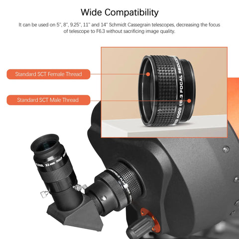 Focal Reducer F6.3 For C Series Schmidt-Cassegrain Telescopes mounted showing SCT threads