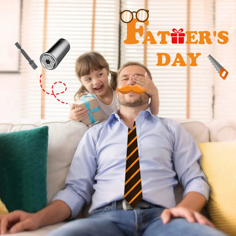 Father and daughter on couch for Father's Day, featuring Ultimate Universal Socket Tool Set With Power Drill Adapter 7mm To 19mm Range.