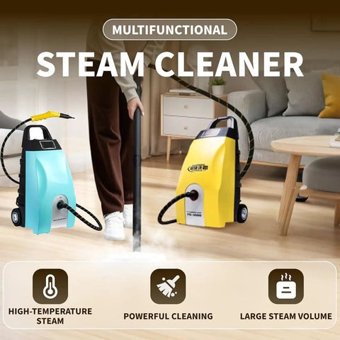 High Pressure Steam Cleaner, 2500W Or 3000W Portable Steamer With 3.5L Tank, Yellow and Blue models in action.