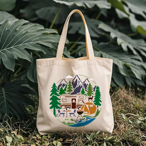 Canvas bag displaying Camping Stencil For Painting 11.8 Inch Square Reusable RV Mountain Tree Template with forest scene