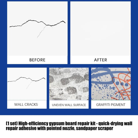 Before and after of a wall using All-In-One Drywall Patch Kit With Scraper, Quick-Dry Wall Repair Paste for repairs on cracks and graffiti.