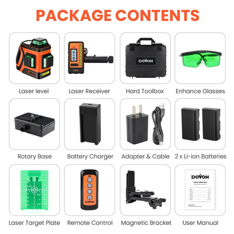 Package contents of Self Leveling 360 Degree Green Laser Level With Bar Clamp For Beams 12 Line 3D Laser High Accuracy Remote Control Easy Setup.