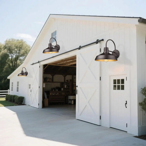 Gooseneck Outdoor Barn Light Wall Sconce Set Exterior Porch Lighting Fixture in Oil Rubbed Bronze on white barn façade