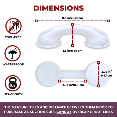 Dimensions of No Tools Needed Suction Cup Bath Grab Bar For Bathtub And Shower Walls Safe Portable Bathroom Assist Handle White 12 Inch
