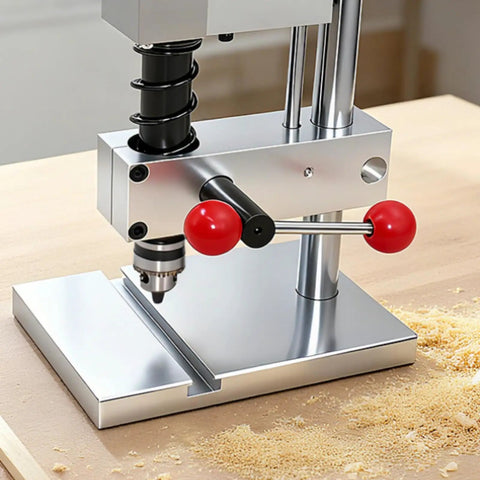 This Mini Bench Drill Press Features A Sturdy Rectangular Base And Smooth Adjustment Knobs For Precise Drilling on a tabletop.