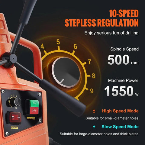 Heavy Duty 1550W Magnetic Drill Press With Two Inch Boring Diameter And Thirteen Thousand Newton Holding Force control panel with speed regulation.