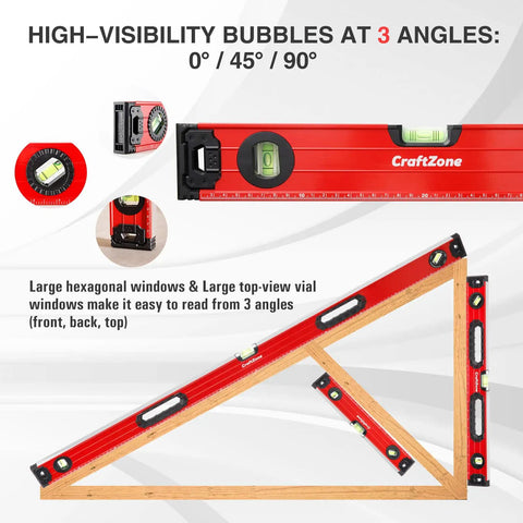 Heavy Duty Magnetic Spirit Level Set Includes 12 24 And 40 Inch Aluminum Bars with high-visibility bubbles at 0°, 45°, and 90° angles.