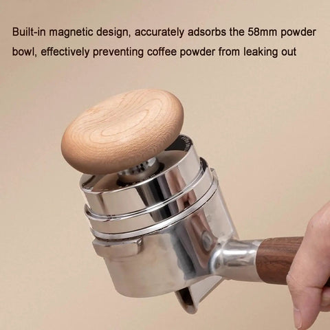 Dead Simple Setup 58mm Espresso Tamper Kit with wooden handle for coffee prep, showcasing magnetic feature to prevent powder leakage.