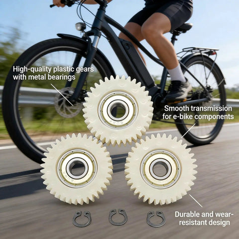 Three Beefy E Bike Motor Gear Set With Planetary Drive 36 Tooth Nylon Gears in front of a bicycle, showing bearings and circlips.