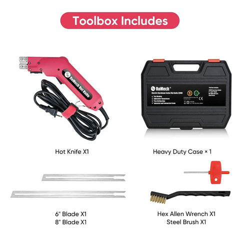 Heavy Hitter Electric Hot Knife Foam Cutter With 200 Watt Adjustable Heat components including hot knife, blades, and case.