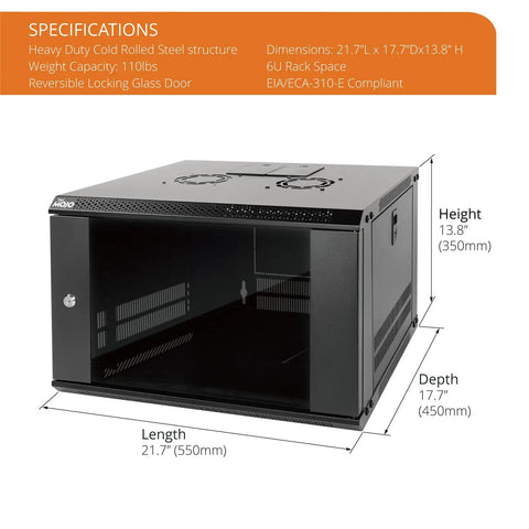 Heavy Duty 6U Wall Mount Server Cabinet With Lockable Glass Doors And Side Panels Matte Black Finish dimensions shown on image.
