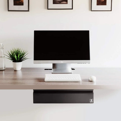 Solid Under Desk Drawer With Smooth Glide Tracks, No Fuss Pull Out Storage Bin, Quick Mount Workstation Rack, Super Clean Office Setup Organizer Black mounted under desk.