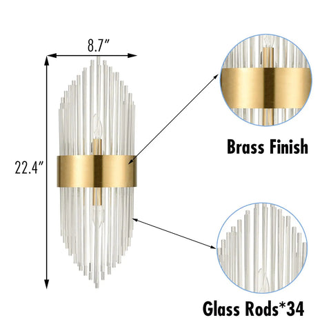 Mid Century Brass Wall Sconce With Glass Rods 2 Pack, 22.4x8.7 inch, brass finish, 34 clear glass rods, luxury wall light