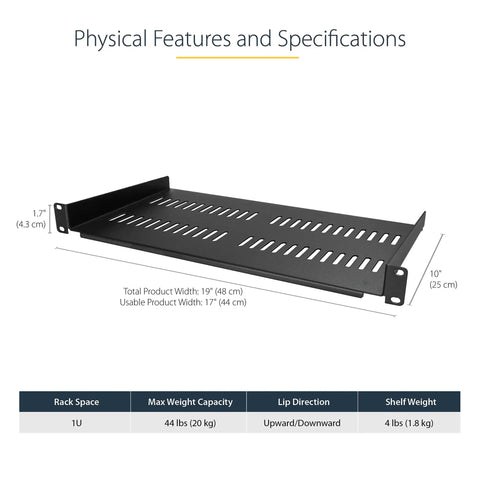 Heavy Duty 1U Vented Rack Shelf For 19 Inch Server Cabinets Featuring 10 Inch Depth And 44 Pound Load Capacity dimensions and specs image