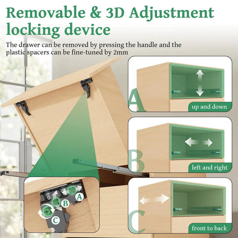 Diagram showing 3D adjustment locking device for Smooth As Butter 18 Inch Undermount Drawer Slides Two Pack.