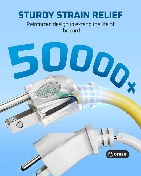 Close-up of reinforced plug on Beefy 15 Ft 12/3 Extension Cord With LED Lighted End For Indoor Outdoor Use SJTW 15A 125V 1875W Yellow