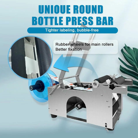 Image of No Sweat Manual Round Bottle Labeling Machine And Adjustable Label Applicator for small biz, featuring rubber wheels for better fixation.