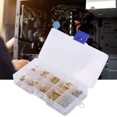 Brass Standoff Spacer Kit For PC Build Rig 260 Pcs M2 Threaded Spacers With Nut Assortment And Stainless Hardware Male And Female Column Screws For Secure Motherboard Mounting In Computer Case, open case and organizer box