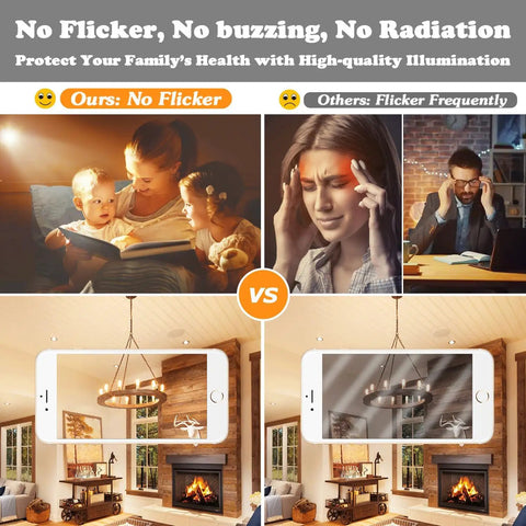 Comparison of LED Candelabra Bulbs 40W Equivalent Dimmable 2700K Warm White with flickering bulb showing cozy and stressful scenes.
