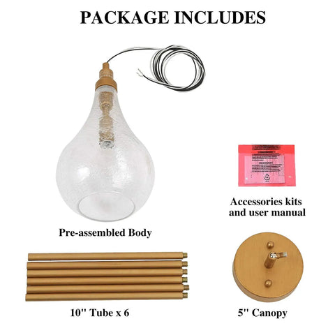 Package contents of Gold Glass Pendant Light For Kitchen Island, Bedroom, Dining Room, Entryway, Sink, And Breakfast Nook With Seeded Teardrop Shade And Open Center, including glass body and accessories.