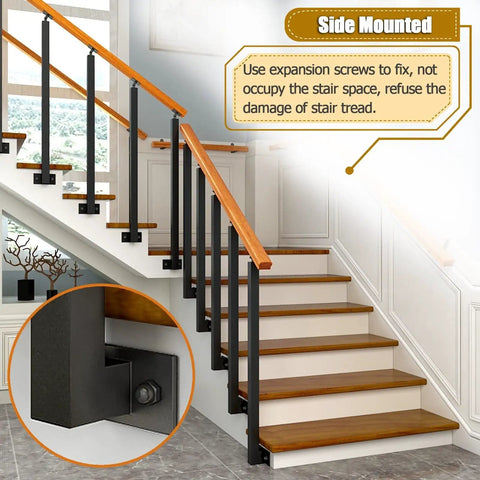 Get The Job Done Right With Heavy Duty Square Iron Stair Spindles 10 Pack Side Mount Black Banister Post adjustable bracket on staircase.
