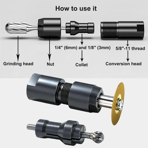 Two Pack Angle Grinder To Straight Chuck Adapter Set with labeling of grinding head, nut, collet, and conversion head.