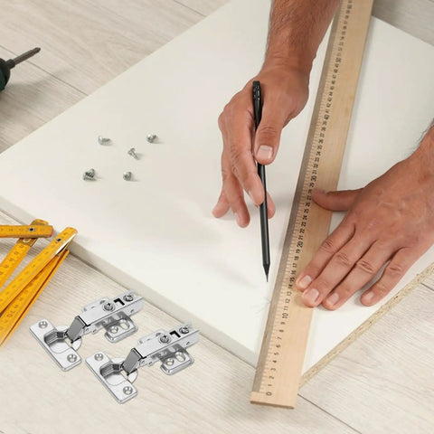 Installation of Soft Closing Cabinet Door Hinges With Hydraulic Support 2 Pack Frameless Concealed Steel Hinges on a wooden panel.