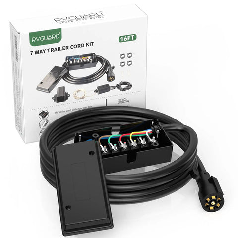 Heavy Duty Seven Way Trailer Cord With Junction Box Kit For RV Wiring And Truck Towing Quick Plug Setup, 16ft cord and connectors.