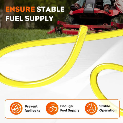 Gas Fuel Line Hose Kit For Small Engines Four Size Tubing Pack Each Four Feet I.D. x O.D. close-up with lawnmower background