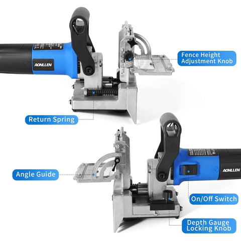 Dual Spindle Dowel Jointer With Adjustable Tilt Fence, showing adjustment knobs and depth gauge for precise wood joints.