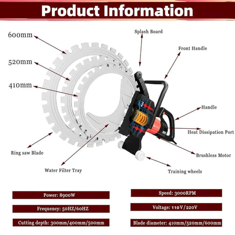 8900W Monster Power Electric Concrete Saw Killer Wet Cut For Granite Stone Includes Pump Water Line Titanium Blade for wall grooving features.