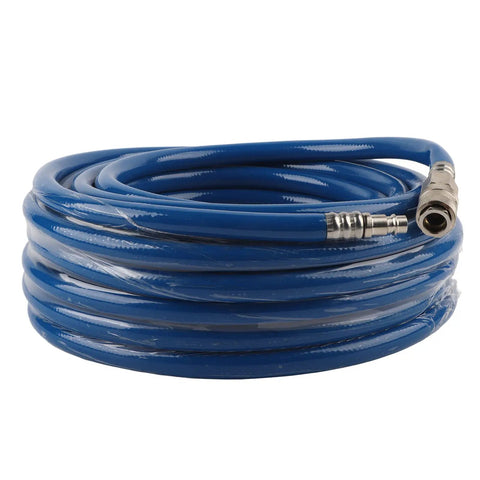 Blue coiled PVC air compressor hose with quick coupler, Kickass 15 Meter 50 Foot Blue Flexible Pneumatic PVC Air Compressor Hose Quick Coupler For High Pressure On Pneumatic Tools Triple Layer Build Resists Wear And Tear Perfect For Tough Jobs And Diy Gigs Inside The Garage Today.