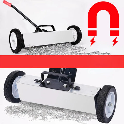 24 Inch Pick Up Sweeper With Sturdy Aluminum Alloy Handle For Workshop Iron Debris Collection, clear view of debris collection on surface.