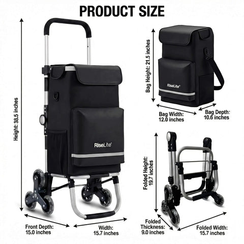Grocery Cart That Climbs Stairs Foldable With 55L Cooler Pocket And 110 Lb Capacity shown in folded and unfolded sizes