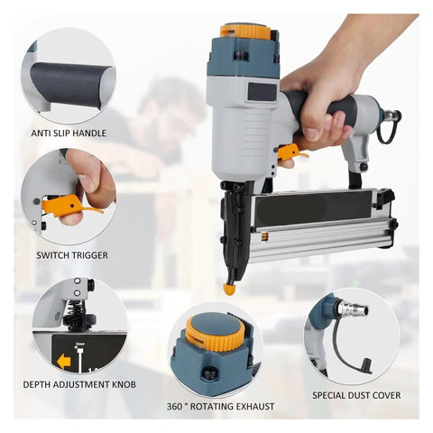 Heavy Duty Pneumatic Nail Gun With Comfy Grip For Carpentry Flooring Furniture Assembly T50 Air Brad Nailer showing anti-slip handle and features.