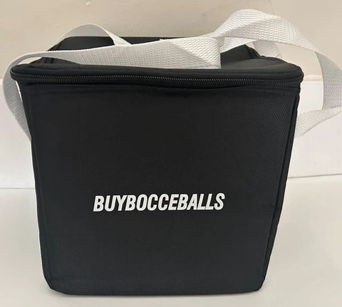 Black bocce ball carrying bag with white handles and 'BUYBOCCE BALLS' text on the front.