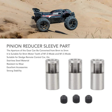 8mm to 5mm RC shaft adapter with pinion reducer sleeves for Sledge RC cars, stainless steel construction, durable and compatible with M1.0/M1.5 molds.