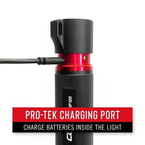 XP18R 3650 Lumen USB C Rechargeable Dual Power LED Flashlight with charging port and cable connected, aluminum build